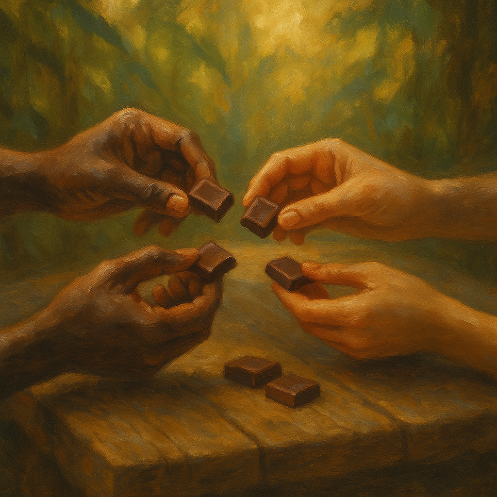 hands breaking chocolate over a wooden table